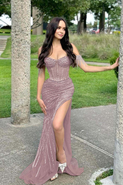 Beautiful Dark Navy Long Sleeves Sweetheart Sequins Prom Dress with Split