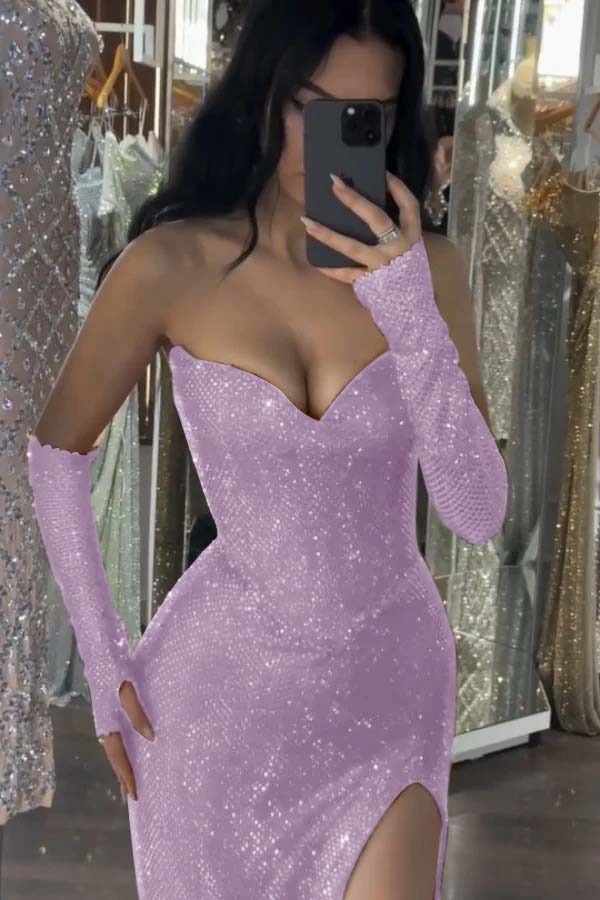 Burgundy Sleeveless Strapless Sequins Mermaid Prom Dress With Gloves