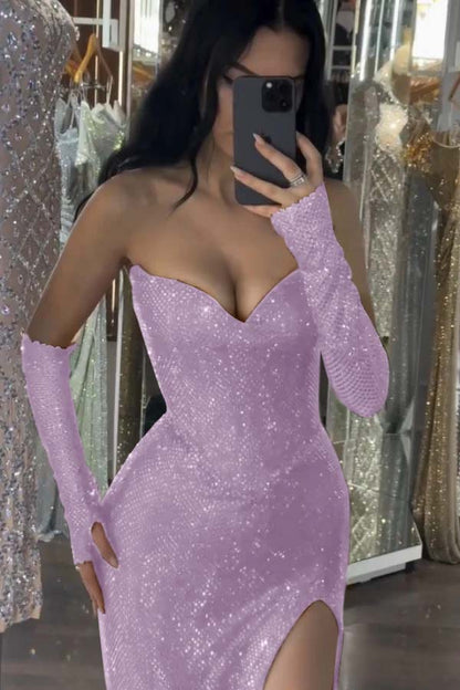 Burgundy Sleeveless Strapless Sequins Mermaid Prom Dress With Gloves