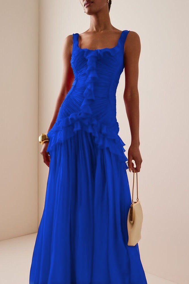 Elegant Ruffled Red Sleeveless Square Long Prom Dress With Pleated