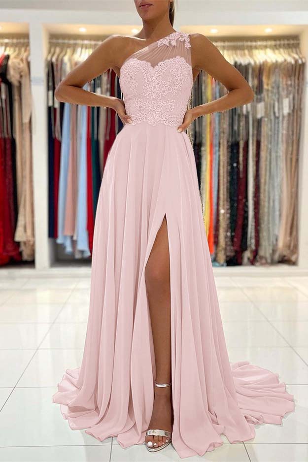 Glamorous One Shoulder Lace Appliques Prom Dress Front Slit