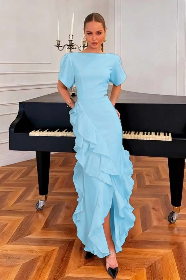 Charming Black Jewel Neck Short Sleeves Ruffles Split Evening Dress