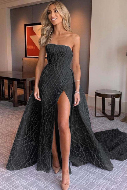 Stunning Light Blue Sleeveless Strapless Long Split Prom Dress with Embroidery