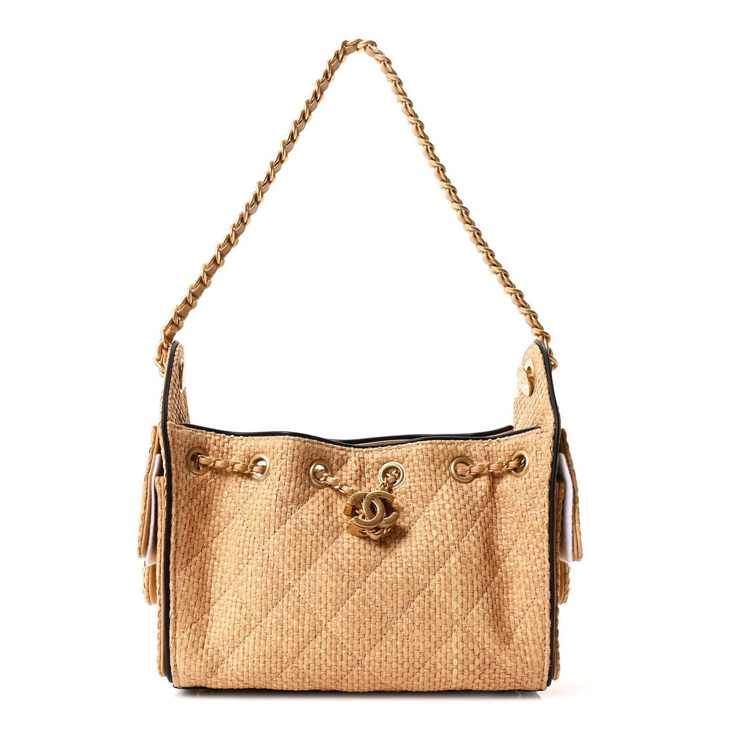 Braided Raffia Calfskin Quilted Mini Chanel 25 Handbag Beige Black