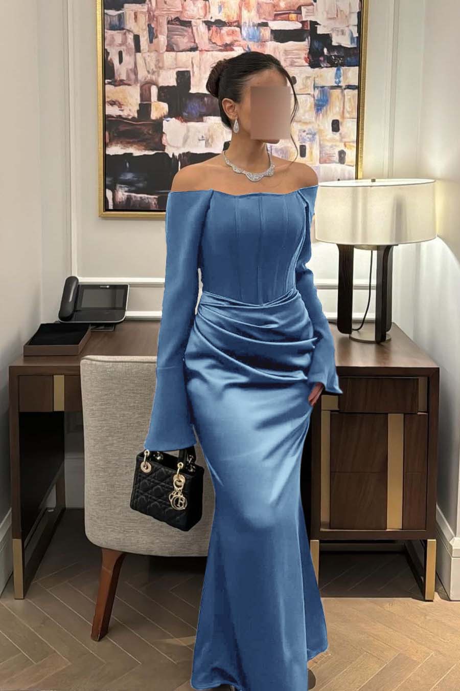 Chic Satin Regency Off the Shoulder Long Sleeves Mermaid Prom Dress with Pleated