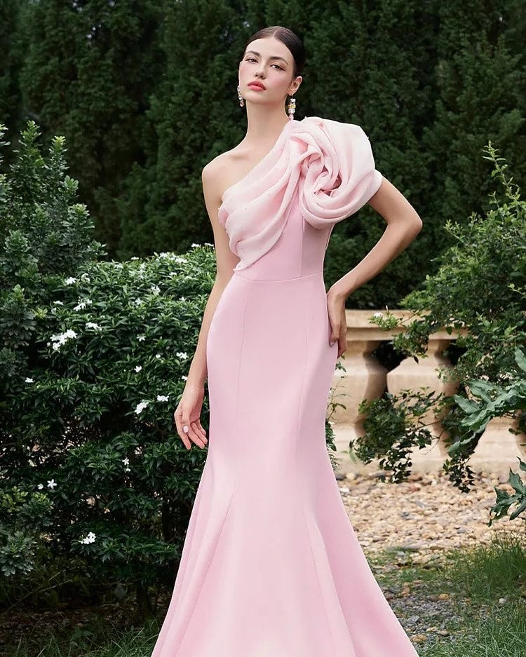 Elegant One-Shoulder Pink Mermaid Long Prom Dress With Floral Ruffle Detail