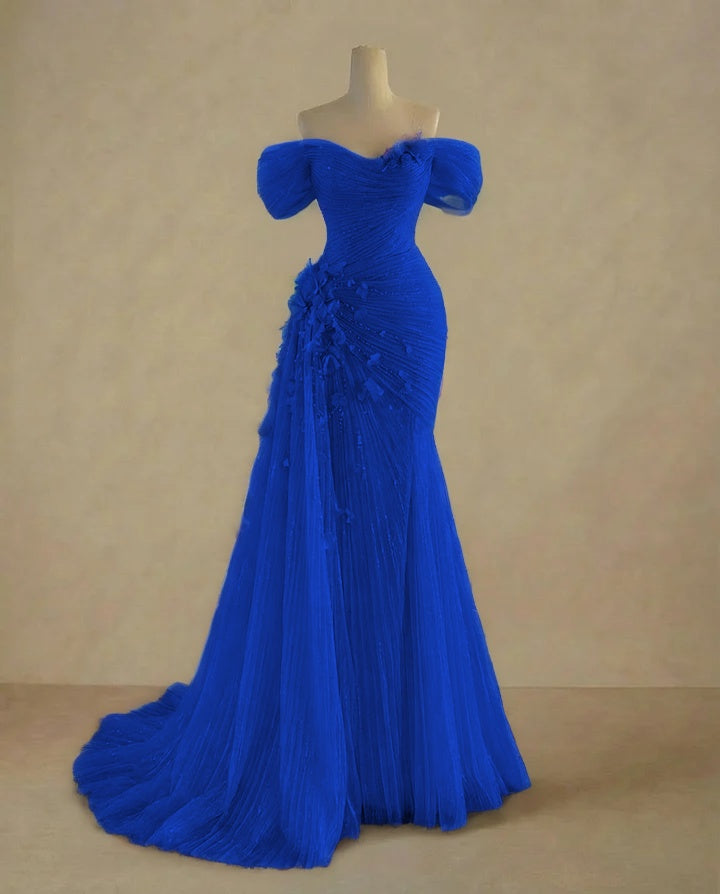 Dreamy Sky Blue Off-The-Shoulder Pleated Sequins Evening Dress With Side Train