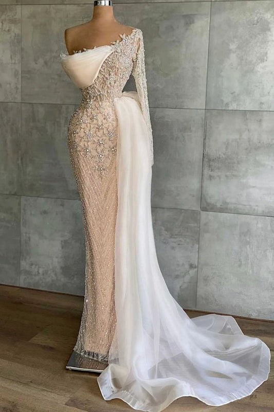 Chic White Mermaid Appliques Prom Dress Beaded With Long Sleeve Ruffles