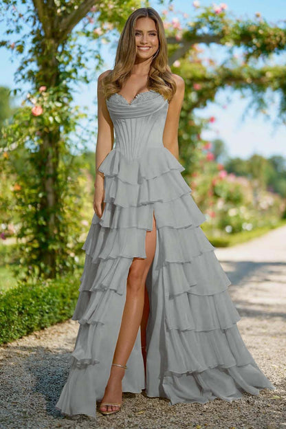 Elegant Daffodil Chiffon Strapless Sleeveless Applique Prom Dress with Ruffles