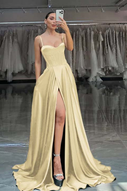 Red Spaghetti Straps A-Line Long Prom Dress With Pleated