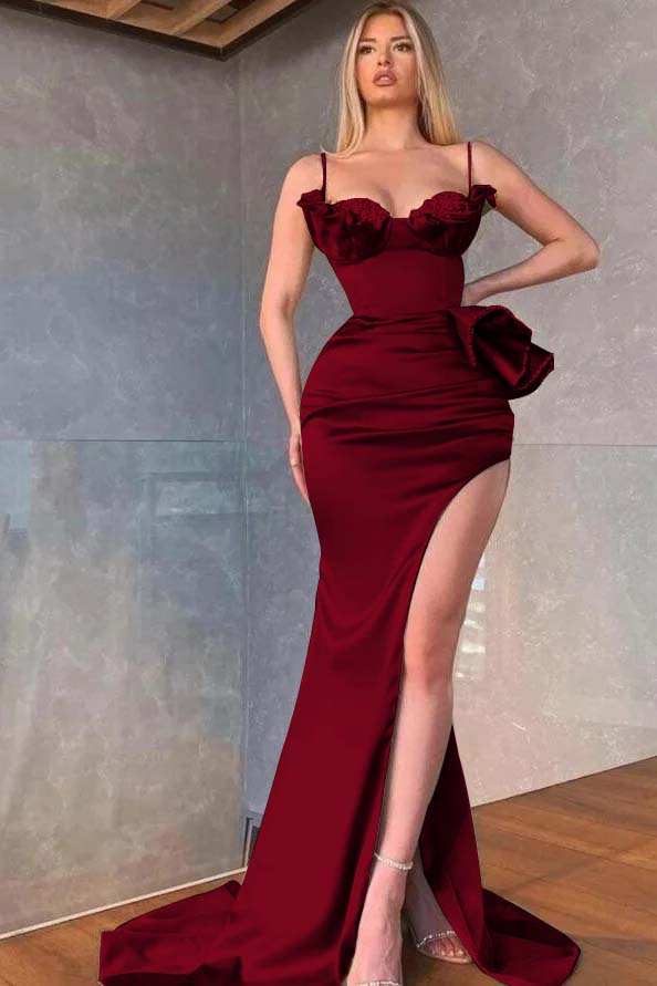 Dusty Sage Spaghetti-Straps Prom Dress Mermaid Split With Beadings Ruffles
