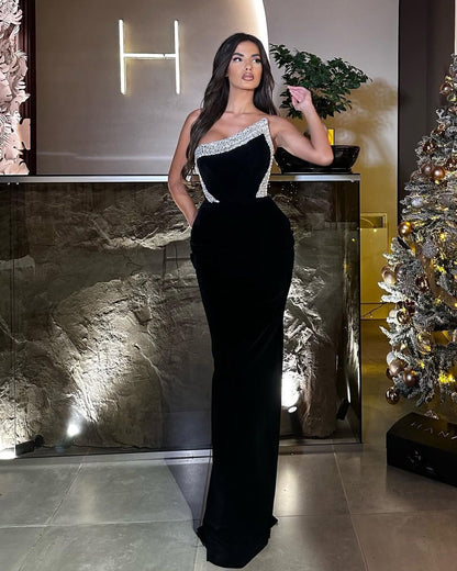 Black Sleeveless Strapless Mermaid Beads Prom Dress