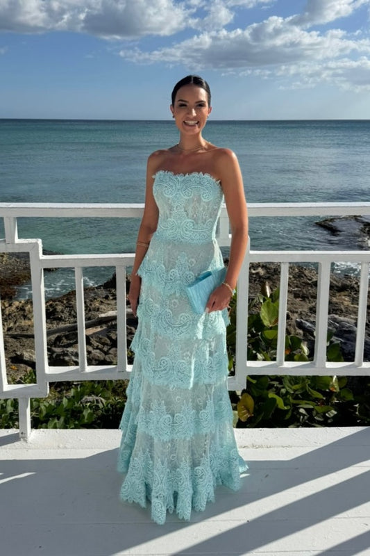Elegant Mint Green Lace Strapless Sleeveless Prom Dress with Ruffles
