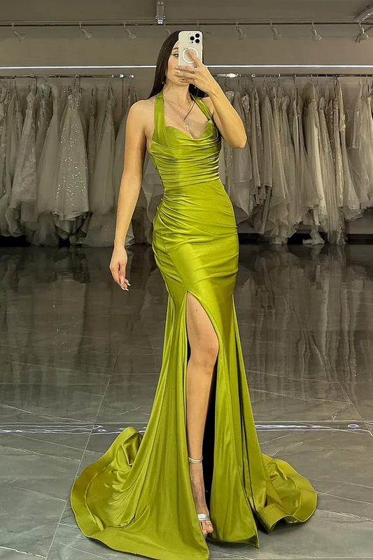 Sleeveless Halter Straps Mermaid Long Prom Dress With Pleated