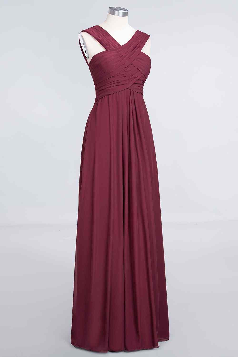 Burgundy A-line Halter Pleated Chiffon Long Bridesmaid Dress