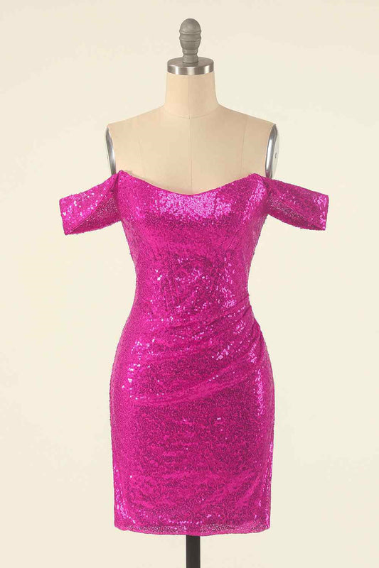 Fuchsia Sheath Off-the-Shoulder Pleated Sequins Mini Homecoming Dress