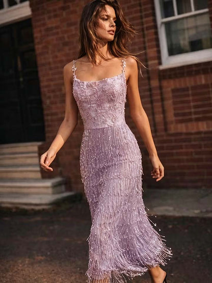 Romantic Pink Spaghetti-Straps Applique Beadings Sleeveless Evening Dress