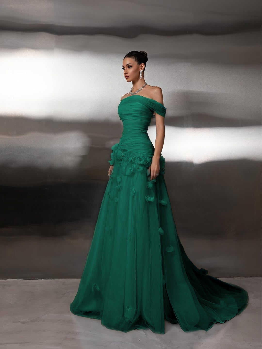 Off Shoulder Sleeveless A-Line Handmade Flower Prom Dress