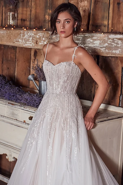 White Sleeveless Spaghetti Straps Sweetheart Sequins Prom Dress