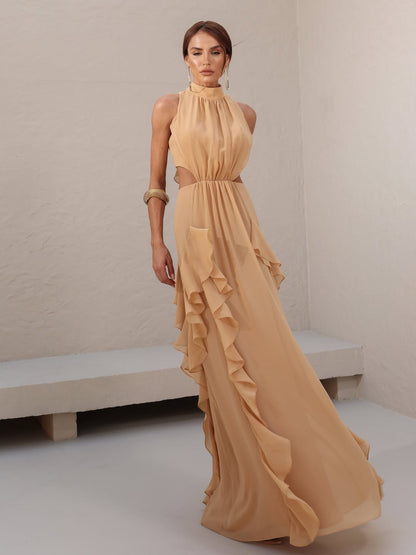 Sleeveless High Neck Chiffon Evening Dress With Ruffles