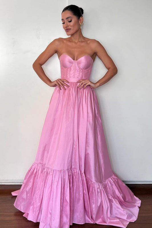 Stunning Pink Satin Sweetheart Sleeveless Strapless Long Prom Dress with Pleated