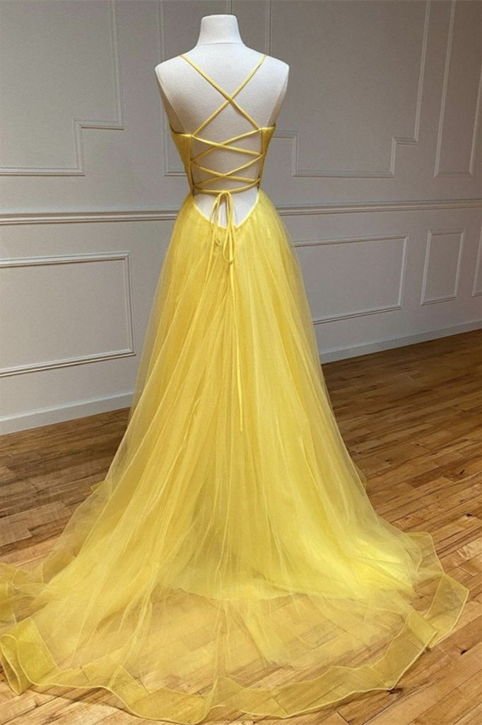 Amazing Yellow Spaghetti-Straps Prom Dress String Back