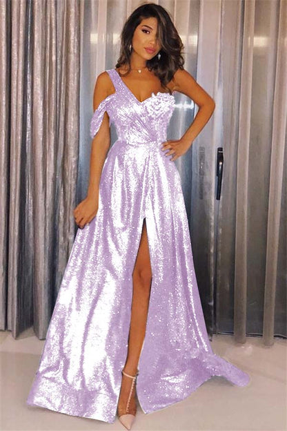 Dark Navy Sequins Glamorous One Shoulder Prom Dress