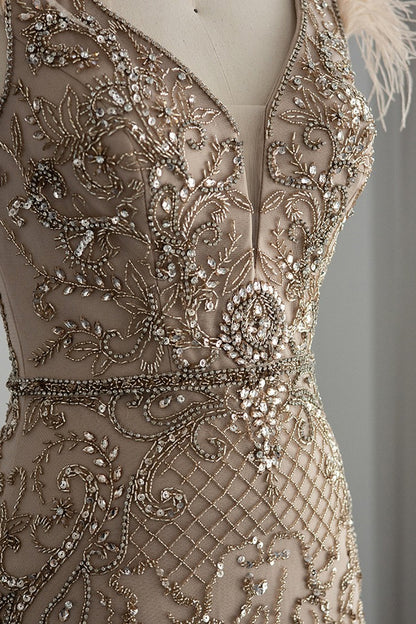 Luxury V Neck Mermaid Evening Dress Sheath With Feathers Appliques
