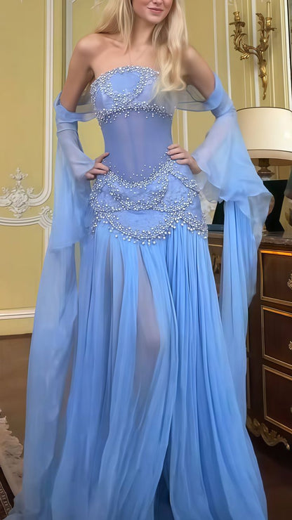 Pretty A Line Off The Shoulder Maxi Long Party Light Blue Chiffon Prom Dresses Evening Dress SD2395