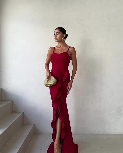 Elegant Red Satin Spaghetti Strap Sleeveless Ruffles Prom Dress with Split
