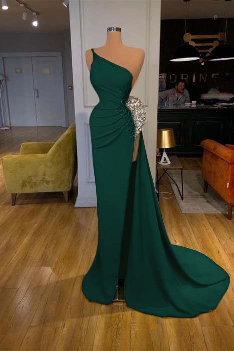 Spaghetti-strap Sequins One Shoulder Mermaid Prom Dress With Split