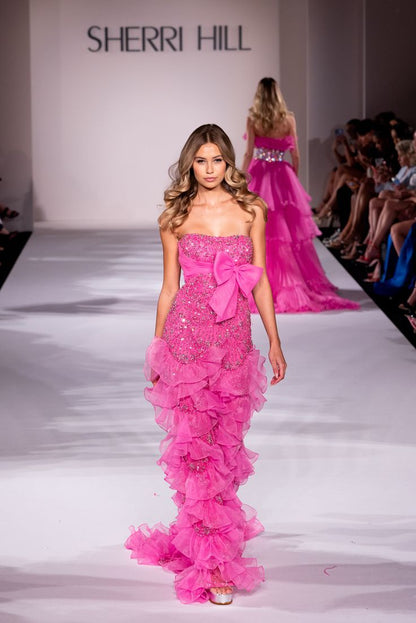 Barbie Pink Bow Stunning Sheath Ruffle Organza Sequin Long Prom Dress Evening Dress SH3457