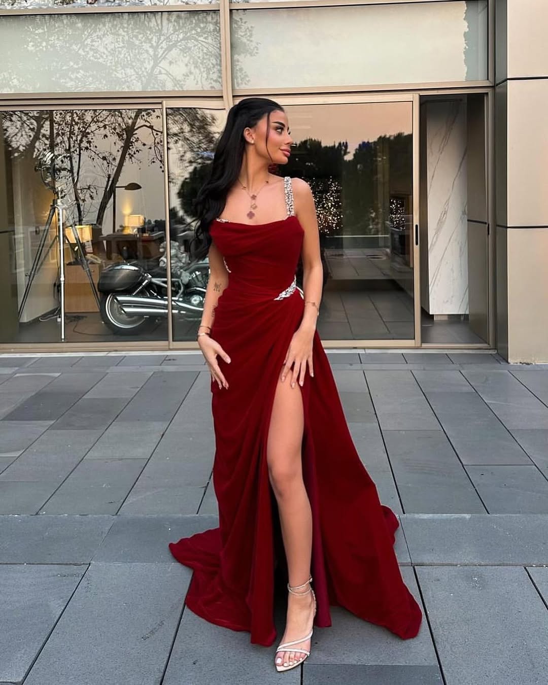 Red Sleeveless Spaghetti Straps Mermaid Beads Prom Dress