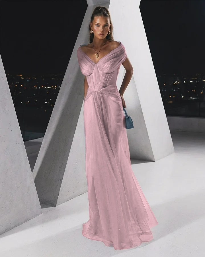 Flowing Dusty Blue Off-The-Shoulder Pleated Long Tulle Evening Dress