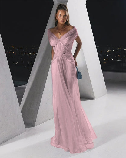 Flowing Dusty Blue Off-The-Shoulder Pleated Long Tulle Evening Dress