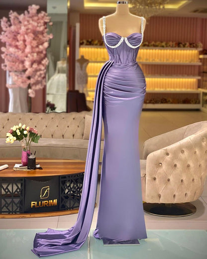 Purple Sleeveless Spaghetti Straps Mermaid Beads Prom Dress
