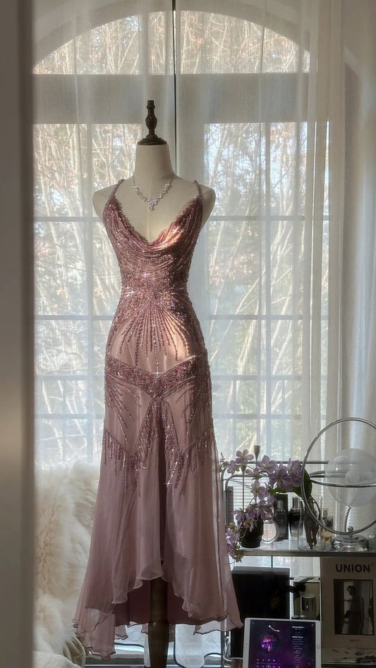 Gorgeous Mermaid Spaghetti Strap Beaded Purple Chiffon Party Dress Evening Dress SH2781