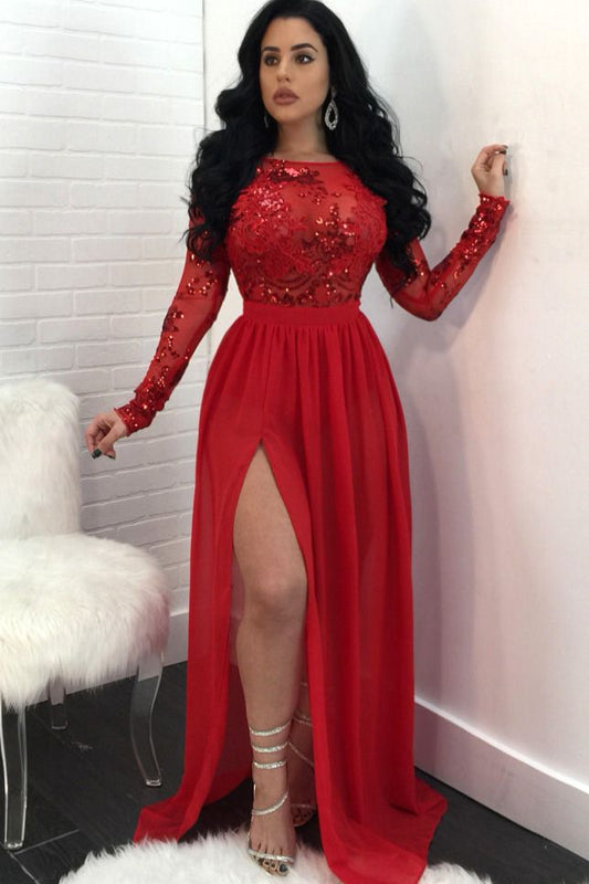 Sequins Long Sleeves Prom Dress Front Split