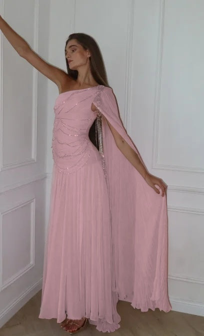 Blushing Pink One Shoulder Sheath Evening Dress With Beadings