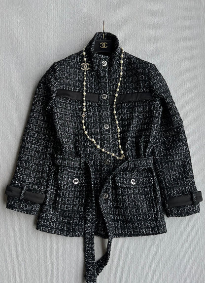 CC Belted Jacket Black White Cashmere Tweed 318587