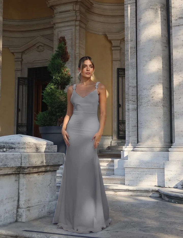 Fitted White Spaghetti-Straps V-Neck Backless Beaded Evening Dress
