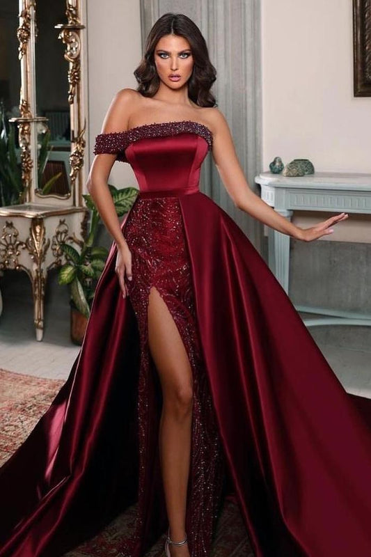 Charming Burgundy Satin One Shoulder Sleeveless Split Long Prom Dress with Beadings