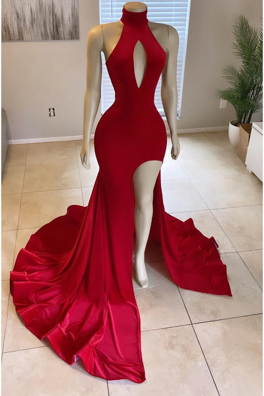 Front Slit Mermaid High-Neck Prom Dress Glorious Red Online