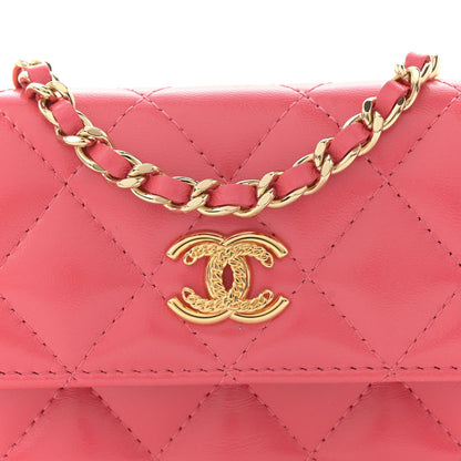 Shiny Lambskin Quilted Card Holder On Chain Pink