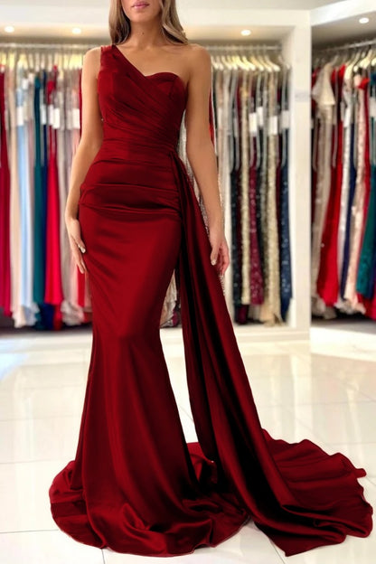 Burnt Orange Sleeveless Mermaid Prom Dress One-Shoulder With Ruffles