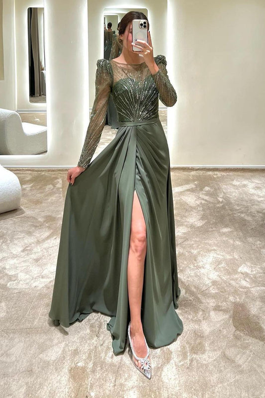 Beautiful Dark Green Satin Jewel Neck Long Sleeves Long Slit Prom Dress with Slit