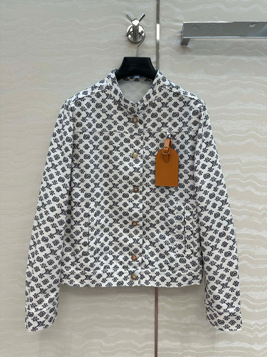 LV 25 Modern Logo Denim Long Jacket Black White Poliester