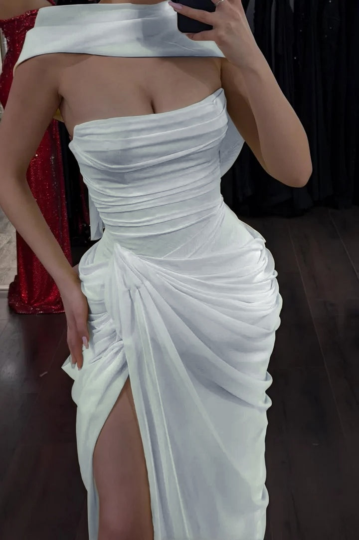 Elegant Yellow Sleeveless Strapless Split Long Evening Dress With Scarf
