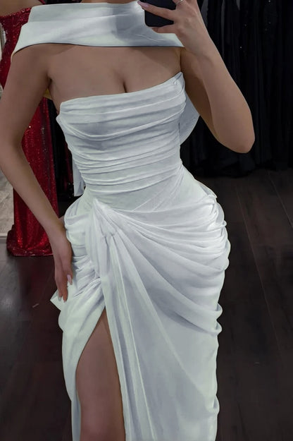 Elegant Yellow Sleeveless Strapless Split Long Evening Dress With Scarf