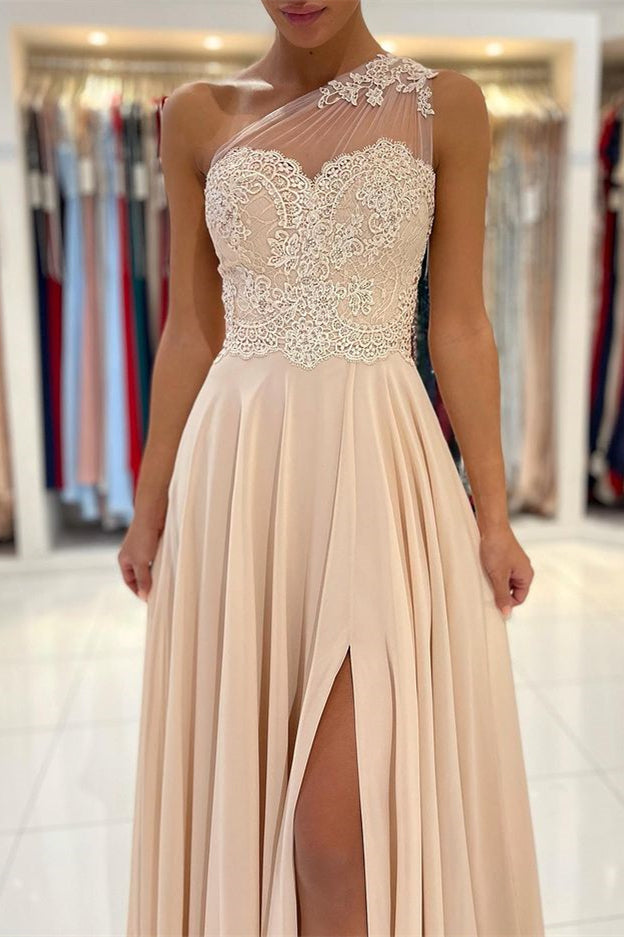 Glamorous One Shoulder Lace Appliques Prom Dress Front Slit